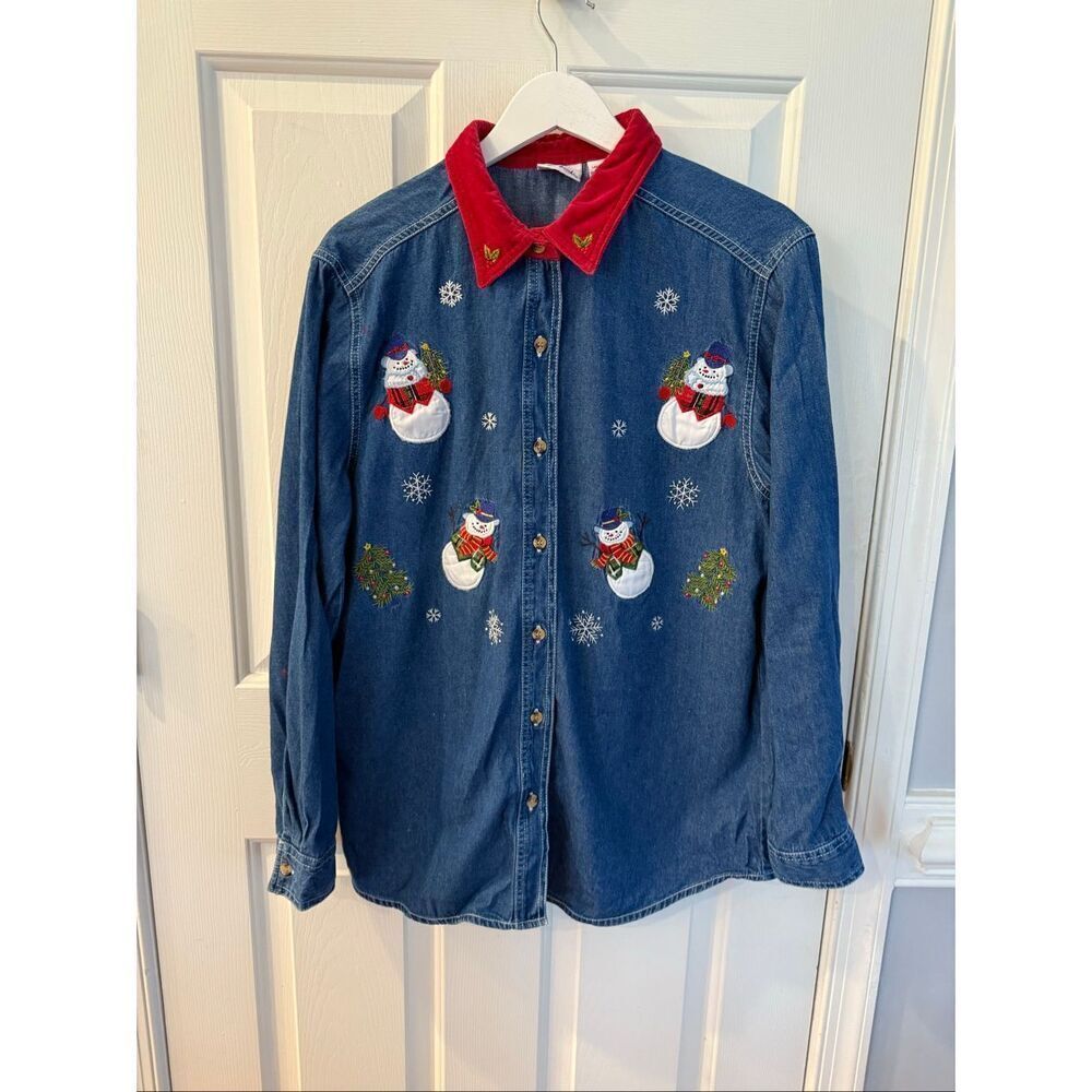 Vintage Bobbie Brooks Denim Christmas Button Down Velvet Collar Shirt sz L